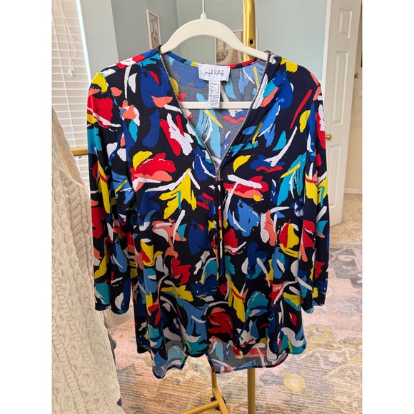 Joseph Ribkoff Abstract Floral Zip Neck Tunic Top Made in Canada Multicolor 10 - Picture 2 of 8